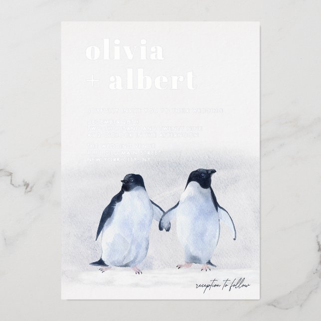 Penguins Silver Winter Elegant Modern Wedding (Front)