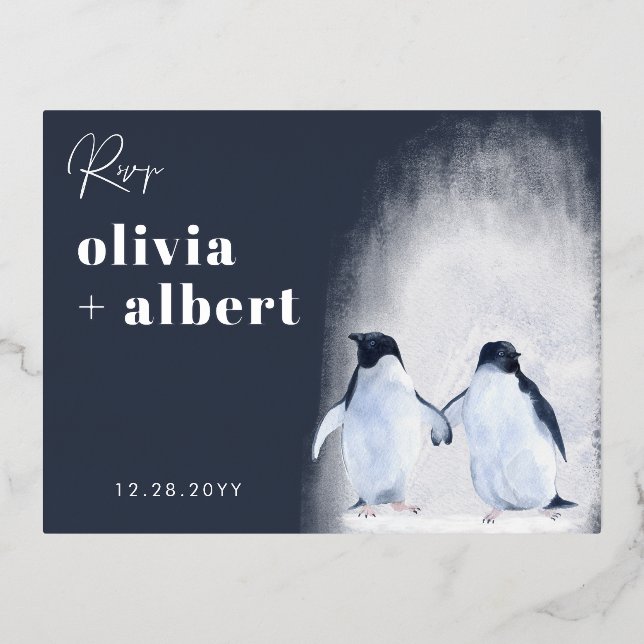 Penguins Silver Winter Elegant Modern Wedding RSVP Foil Invitation Postcard (Front)