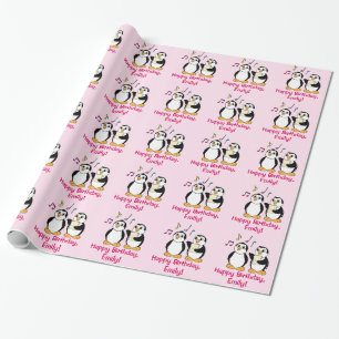 Penguins Singing Happy Birthday Name Customisable Wrapping Paper