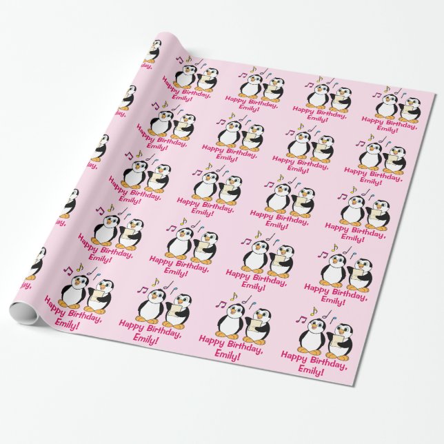 Penguins Singing Happy Birthday Name Customisable Wrapping Paper (Unrolled)