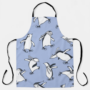 Penguins skating, hand-drawn vintage pattern apron