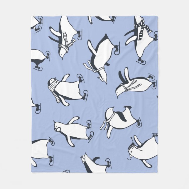 Penguins skating, hand-drawn vintage pattern fleece blanket (Front)