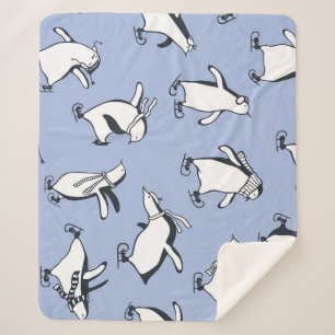 Penguins skating, hand-drawn vintage pattern sherpa blanket