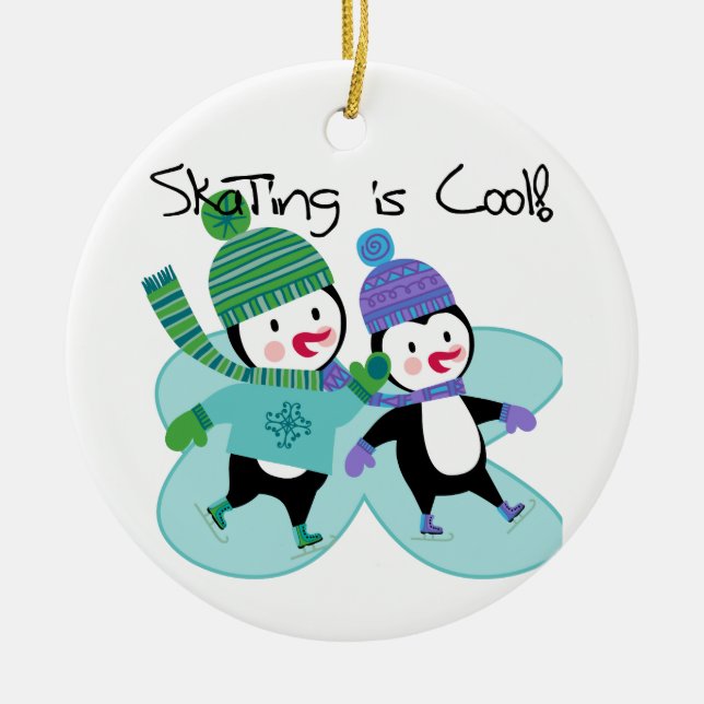 Penguins Skating is Cool Ceramic Tree Decoration (Front)