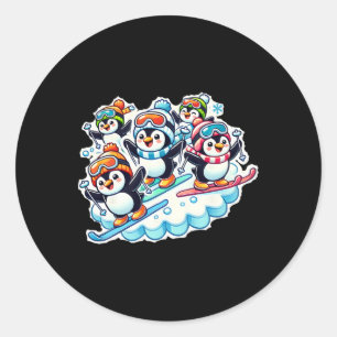 Penguins Skiing In Snow Gear Enjoying Snowy Ski Ad Classic Round Sticker