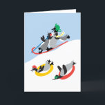 Penguins Sledding Custom Card<br><div class="desc">Just plain fun! A snowy image of penguins sledding.  It's adorable! The original design by artist,  dag dart is so very whimsical and joyous.  The card can be customised.  You can change the inside greeting to whatever you like.</div>