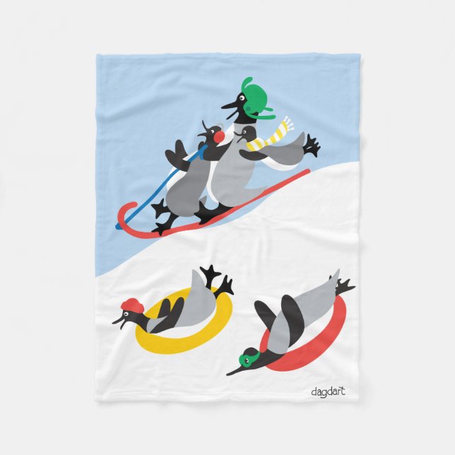  Penguins Sledding Fleece Blanket (Front)