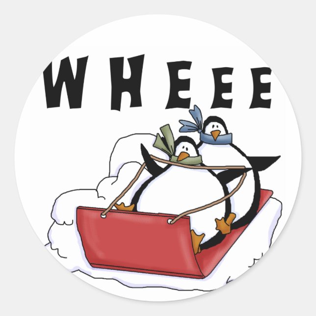 Penguins Sledding Tshirts and Gifts Classic Round Sticker (Front)