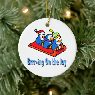 Penguins Sledding Winter Holiday Scene Ceramic Tree Decoration