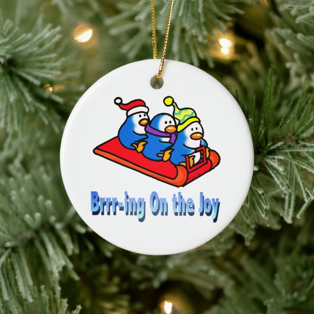 Penguins Sledding Winter Holiday Scene Ceramic Tree Decoration (Tree)