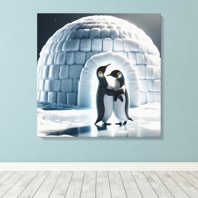 Penguins Slow Dancing By Igloo Canvas Print (Insitu(Wood Floor))