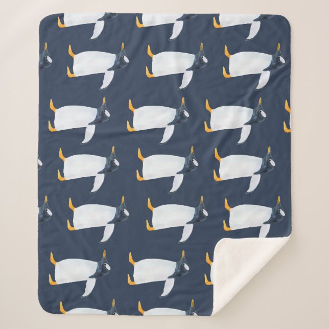 Penguins: Small Dark Watercolor Sherpa Blanket (Front)