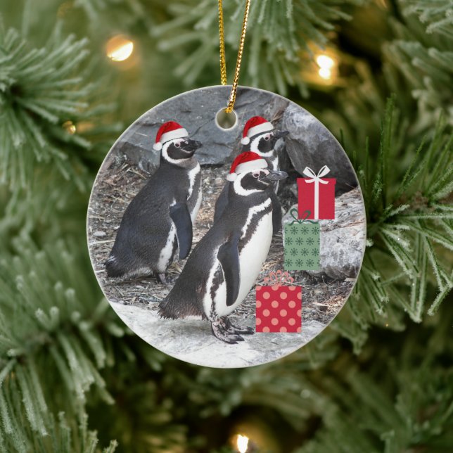 Penguins Wearing Red Santa Hats Holiday Ceramic Tree Decoration (Tree)