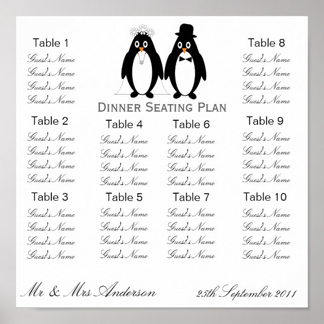 Penguins Wedding Dinner Seating Plan Poster (Front)