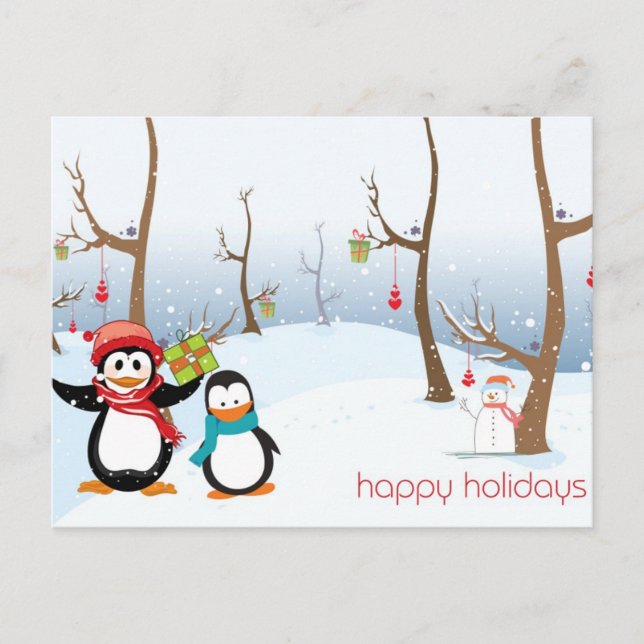 Penguins Winter Scene, Happy Holidays Holiday Postcard (Front)