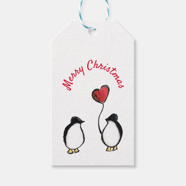 Penguins with heart balloon Christmas label (Front)