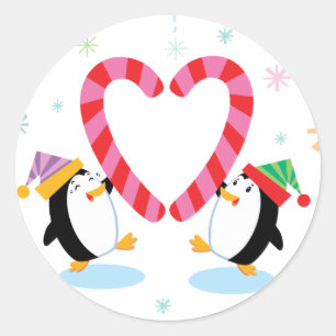 Penguins with Heart Shaped Candy Canes Stickers