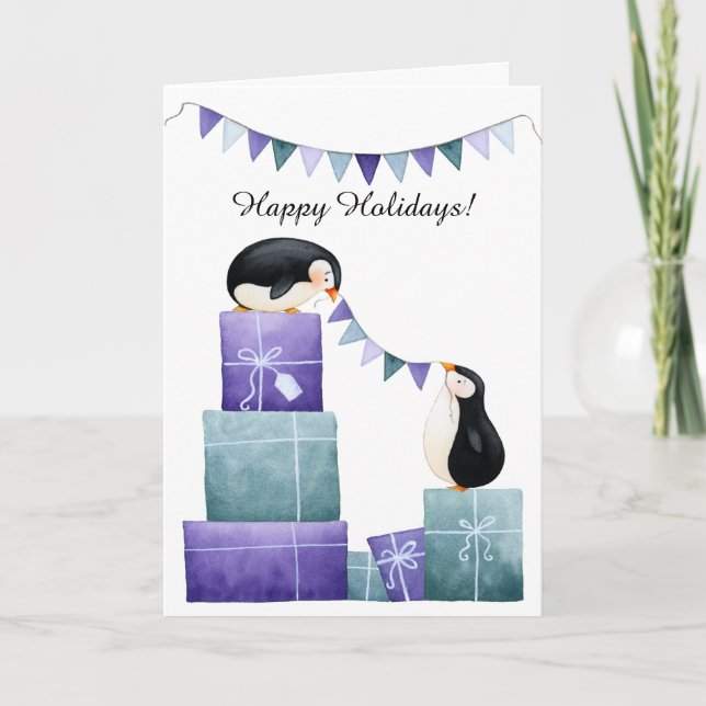 Penguins with Purple and Teal Christmas Presents Holiday Card (Front)