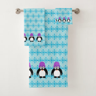 Penguins With Purple Hats All In A Row Bath Towel Set