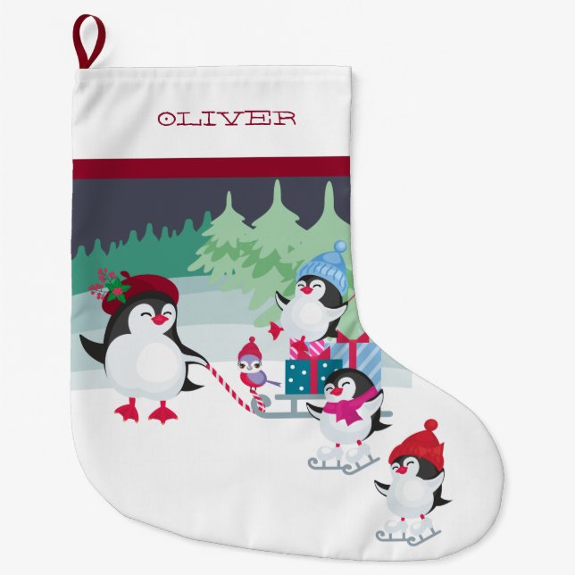 Penguins with Sleigh full of Christmas Gifts Large Christmas Stocking (Front)