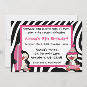 Penguins Zebra Print Girls Birthday Invitation