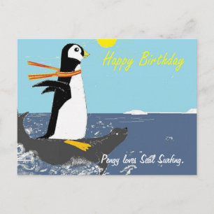 Pengy Loves Seal Surfing. Postcard