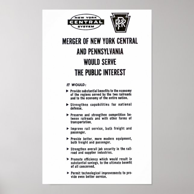Penn Central Railroad Merger 1968 Poster (Front)