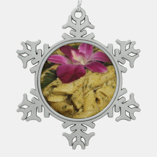 Penne Pasta Dish Snowflake Pewter Christmas Ornament (Front)