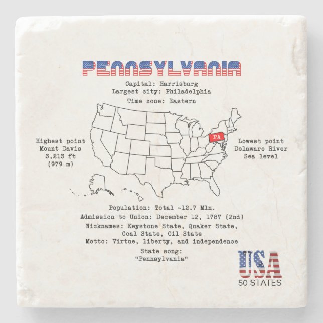 Pennsylvania American state on a map and details Stone Coaster (Front)