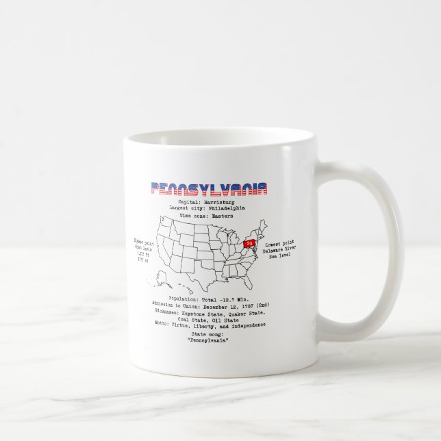 Pennsylvania American state on a map and useful in Coffee Mug (Right)