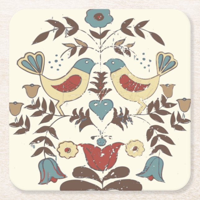 Pennsylvania Dutch Amish Hex Sign Bird Americana Square Paper Coaster (Front)