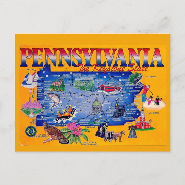 Pennsylvania Keystone State Map Postcard (Front)