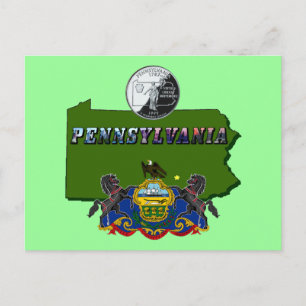 Pennsylvania Map, Quarter, Flag and Picture Text Postcard