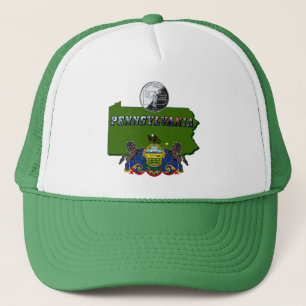Pennsylvania Map, Quarter, Flag and Picture Text Trucker Hat