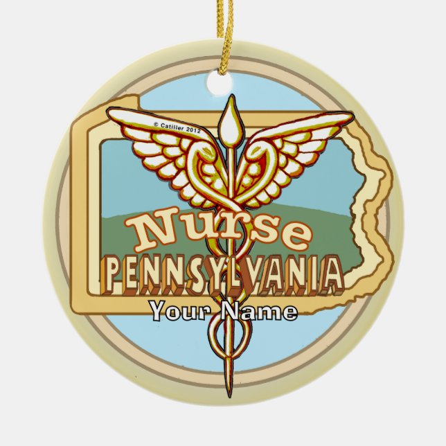 Pennsylvania Nurse Caduceus Ceramic Tree Decoration (Front)
