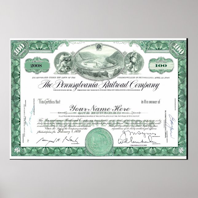 Pennsylvania Railroad CUSTOM Stock Certificate Pos Poster (Front)