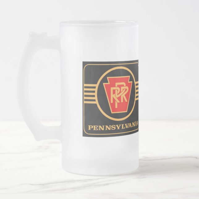 Pennsylvania Railroad Logo, Black & Gold  Frosted Glass Beer Mug (Left)