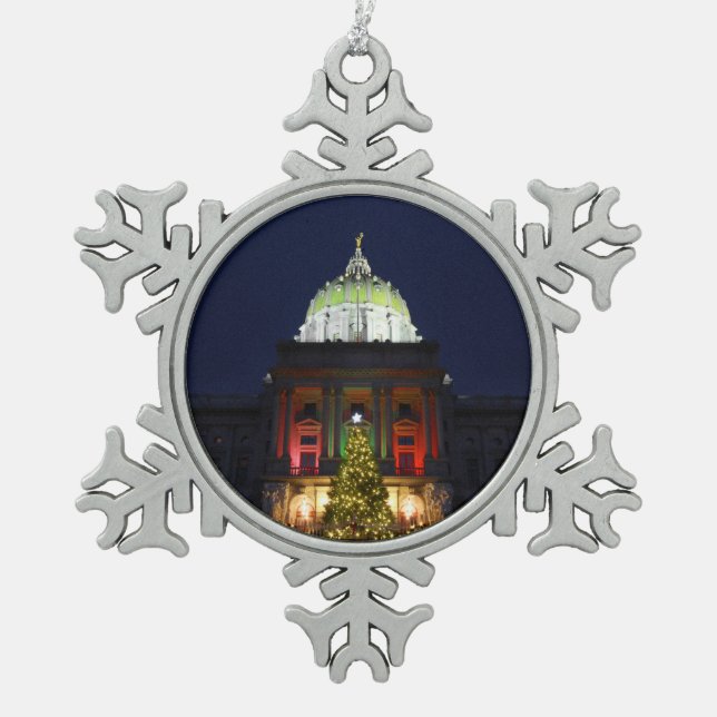 Pennsylvania State Capitol Christmas Tree Lights Snowflake Pewter Christmas Ornament (Front)
