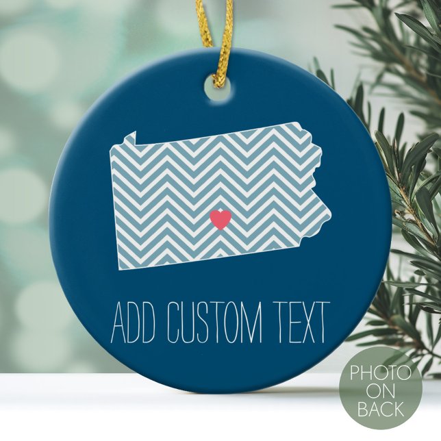 Pennsylvania State Map with Custom Heart and Name Ceramic Tree Decoration (Personalized Photo Ornament)