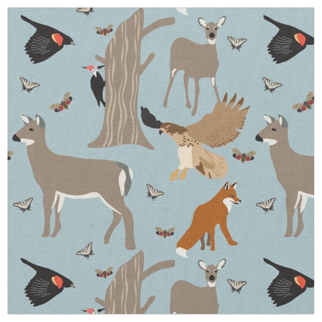 Pennsylvania Wildlife Deer, Fox, Birds Patterned Fabric (Close Up)