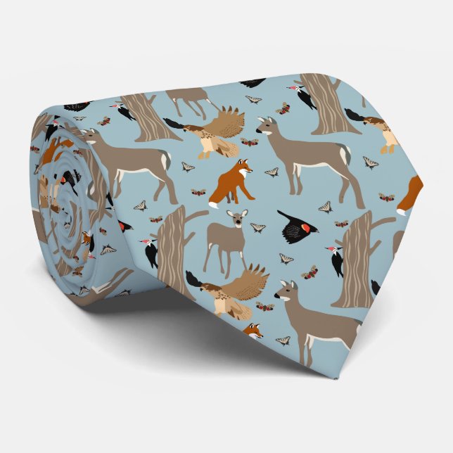 Pennsylvania Wildlife Deer, Fox, Birds Patterned Tie (Rolled)