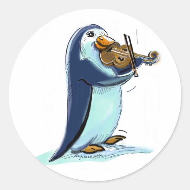 penquin violin player classic round sticker (Front)