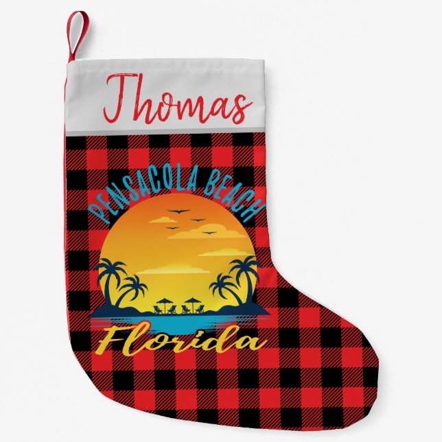 Pensacola Beach Florida Retro Sunset Red Plaid Small Christmas Stocking (Front)