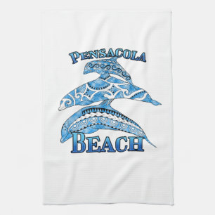 Pensacola Beach Florida Vacation Tribal Dolphins Tea Towel