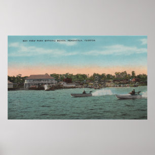 Pensacola, FL - Bay View of Beach w/ Speed Poster