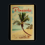 Pensacola Palm Tree Vintage Travel Magnet<br><div class="desc">A uniquely retro mid-century modern Pensacola Florida art print in vintage travel poster style. It features a curved palm tree on sandy beach with ocean under a blue cloudy sky.</div>