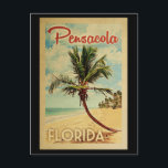 Pensacola Palm Tree Vintage Travel Postcard<br><div class="desc">A uniquely retro mid-century modern Pensacola Florida art print in vintage travel poster style. It features a curved palm tree on sandy beach with ocean under a blue cloudy sky.</div>