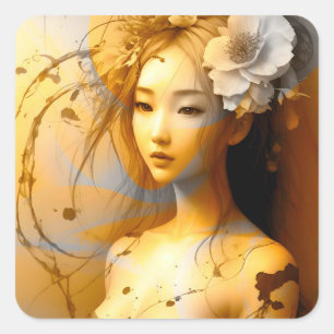 Pensive Japanese Girl Square Sticker