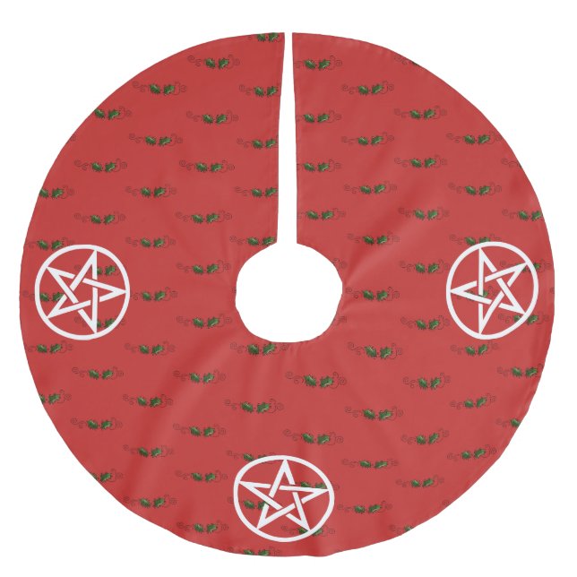 Pentacle and Holly Yule Tree Skirt, Pagan, Witch Brushed Polyester Tree Skirt (Front)