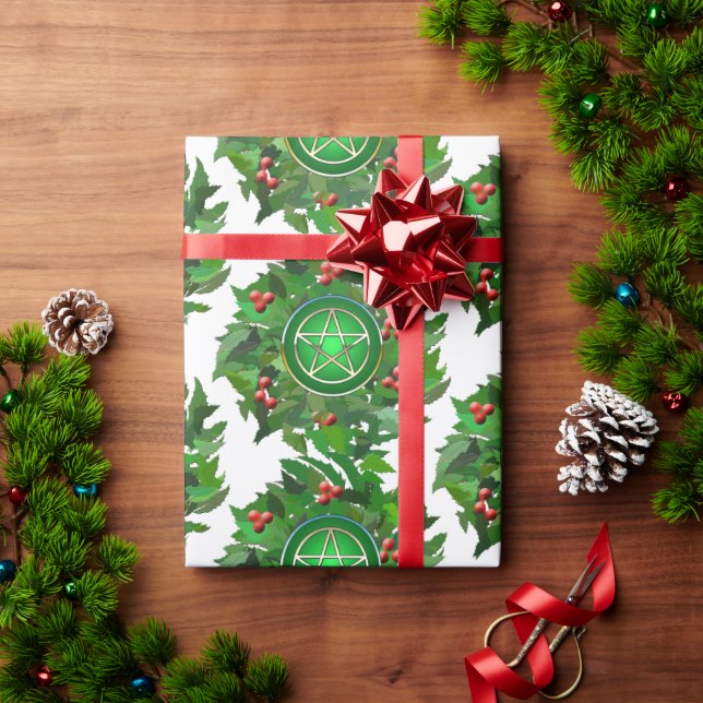 Pentacle on Holly Wreath Wrapping Paper (Holiday Gift)